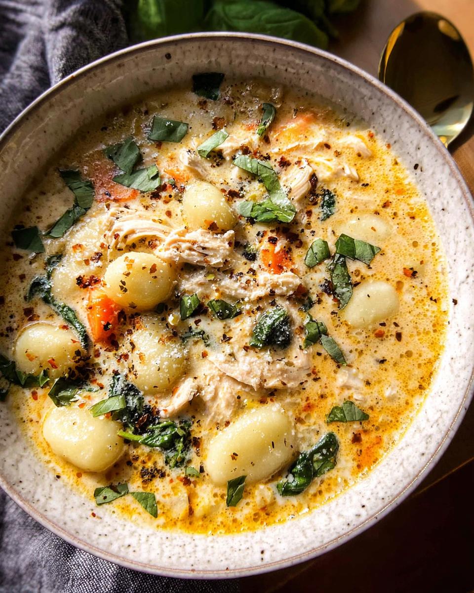 A close-up bowl of Creamy Chicken Gnocchi Soup, featuring tender chicken, soft gnocchi, and fresh basil.