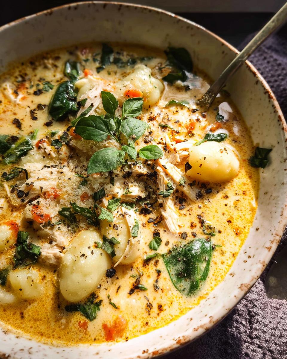A close-up of a bowl of Creamy Chicken Gnocchi Soup, featuring tender gnocchi, shredded chicken, and spinach in a rich broth.