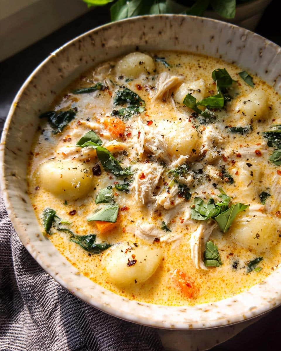 A close-up of a bowl of Creamy Chicken Gnocchi Soup, filled with tender gnocchi, shredded chicken, spinach, and carrots in a rich broth.