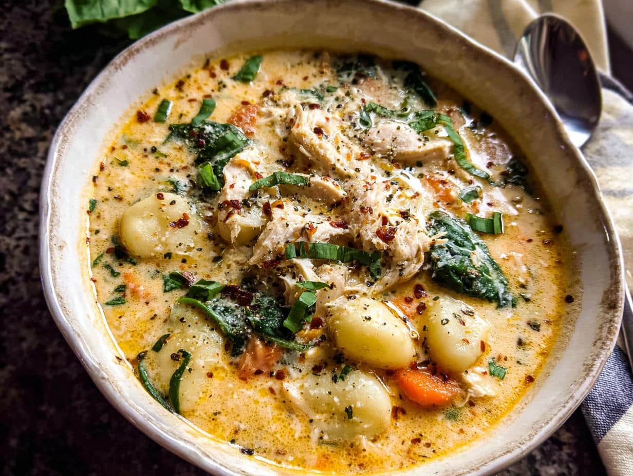 A close-up of a hearty bowl of Creamy Chicken Gnocchi Soup, filled with tender chicken, soft gnocchi, spinach, and carrots in a rich broth.