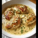 Close-up of pan-seared Creamy Garlic Parmesan Chicken Thighs in a rich, creamy sauce with chopped parsley.