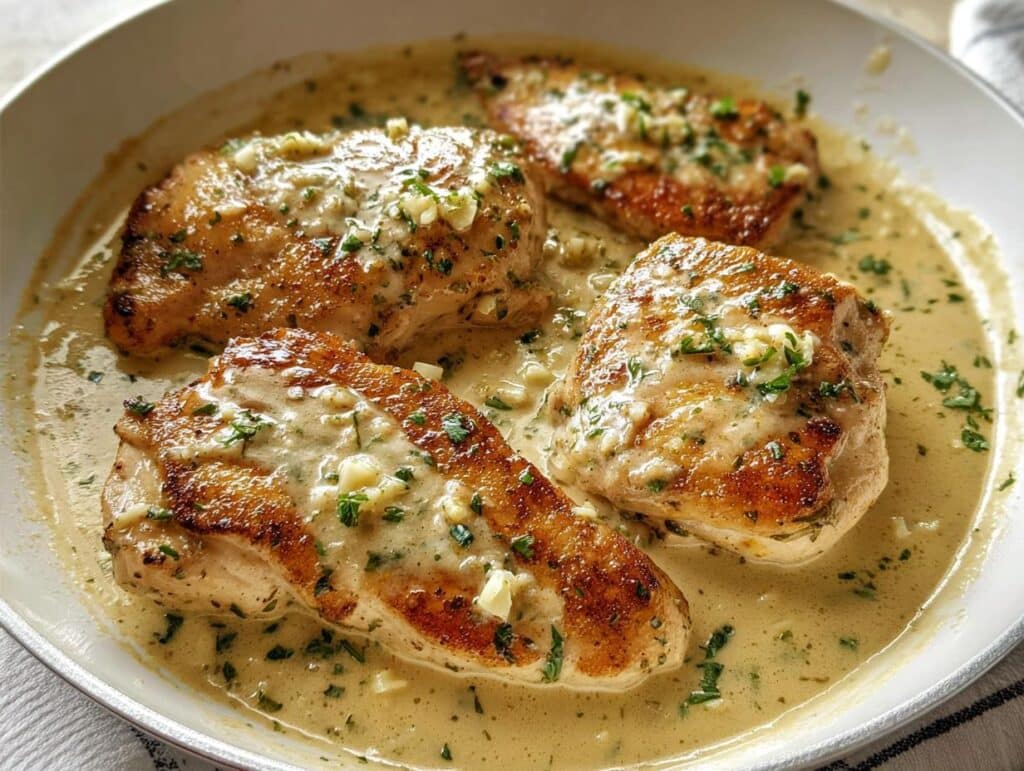 Four golden-brown Creamy Garlic Parmesan Chicken Thighs simmering in a rich, creamy garlic sauce with fresh parsley.