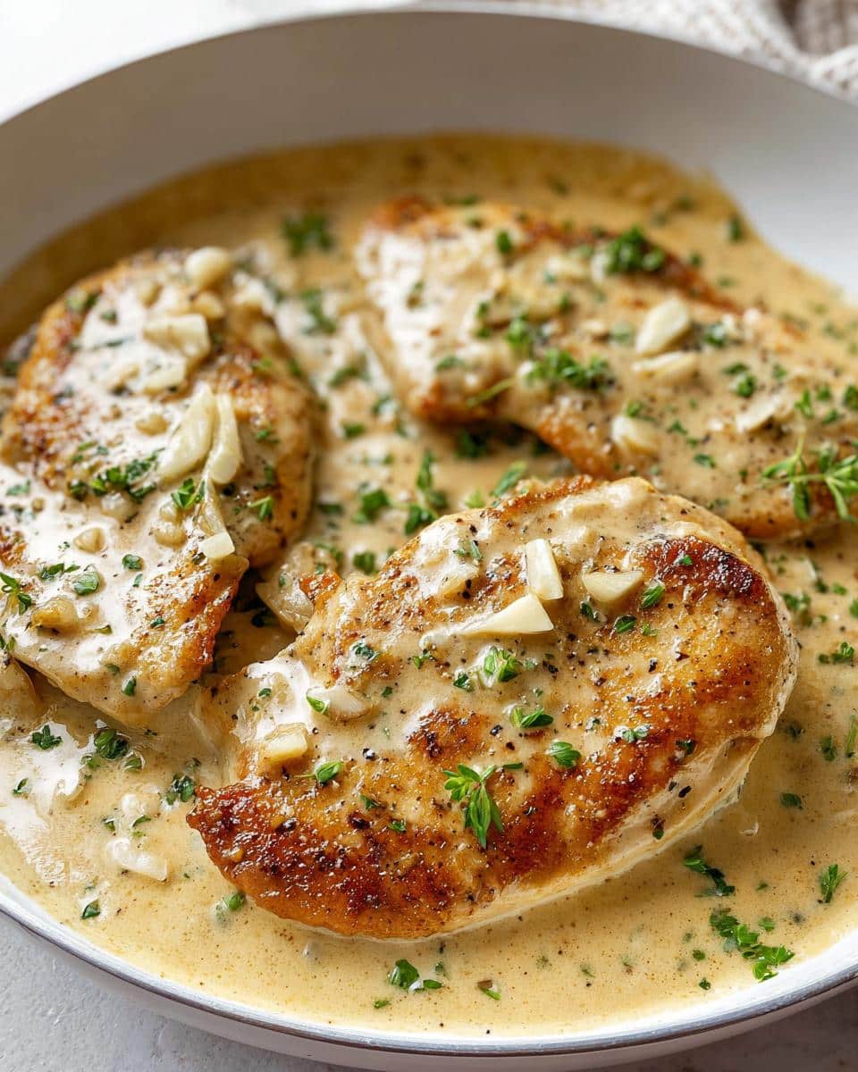 Close-up of pan-seared Creamy Garlic Parmesan Chicken Thighs in a rich, creamy sauce with garlic and parsley.
