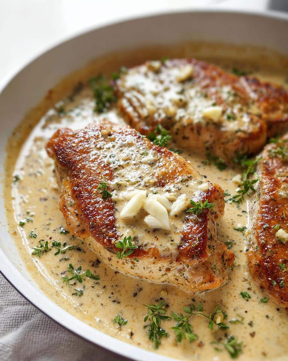 Close-up of pan-seared Creamy Garlic Parmesan Chicken Thighs in a rich sauce, garnished with fresh herbs and garlic.
