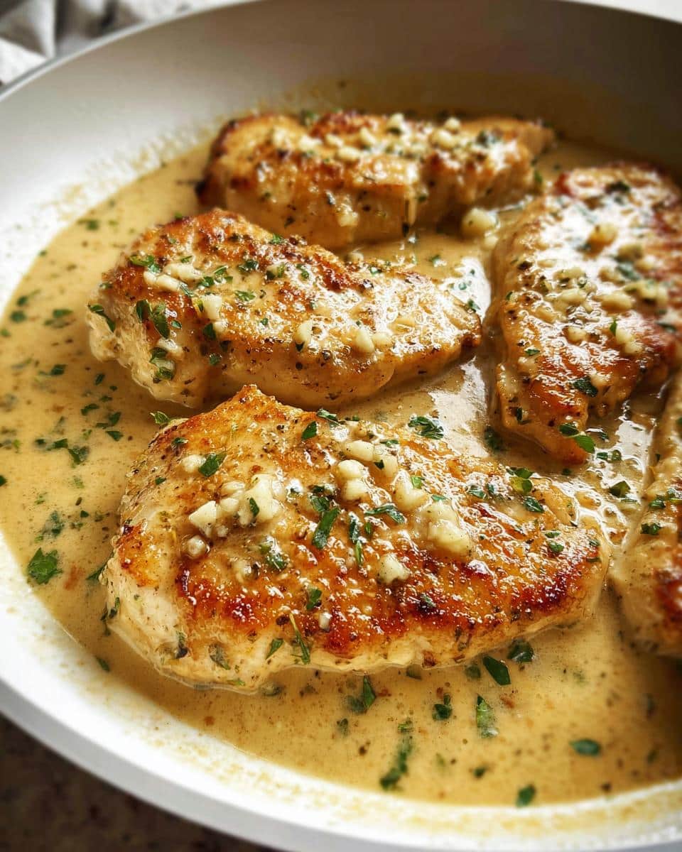 Close-up of golden-brown Creamy Garlic Parmesan Chicken Thighs simmering in a rich, creamy sauce with fresh parsley.