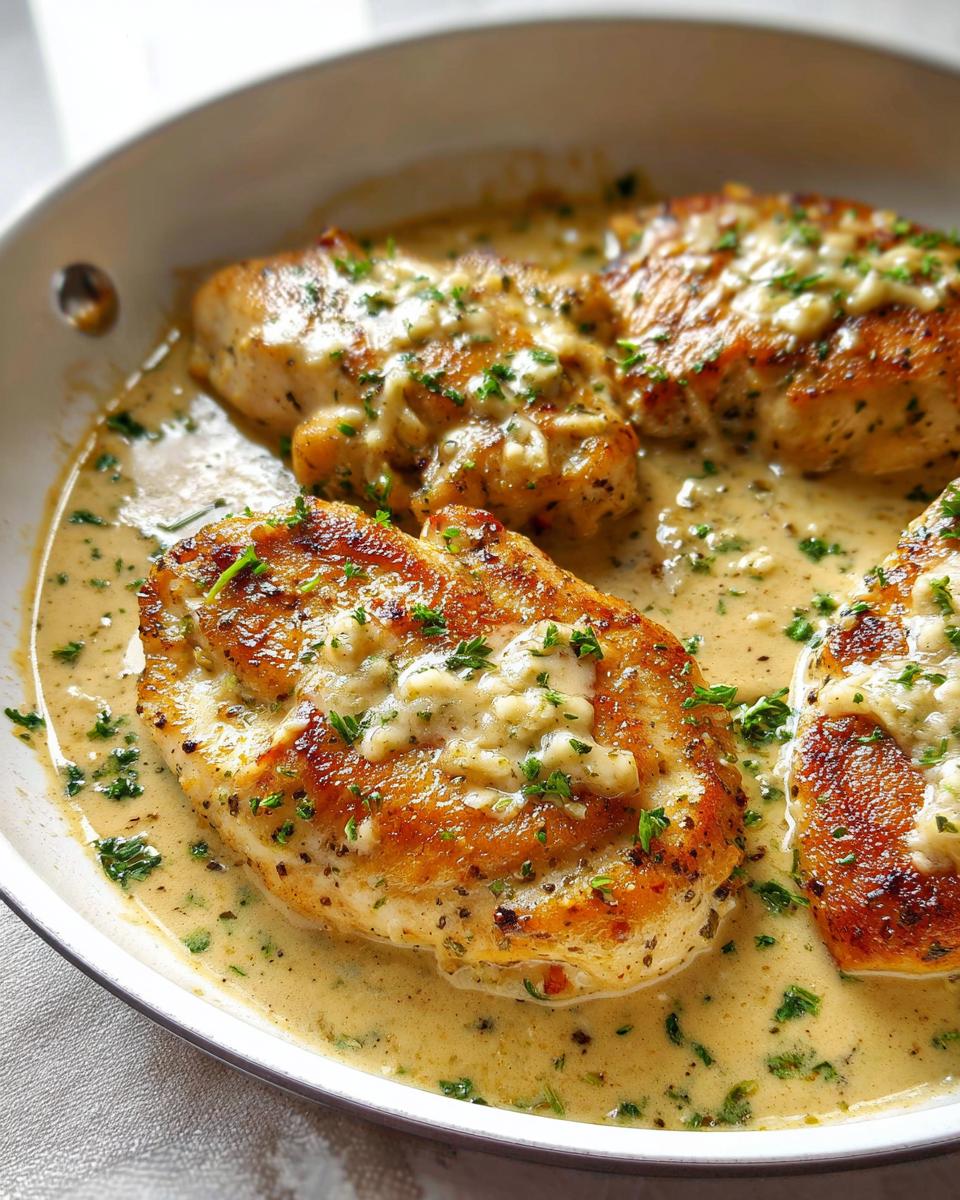 Close-up of pan-seared Creamy Garlic Parmesan Chicken Thighs in a rich, creamy sauce with fresh parsley.