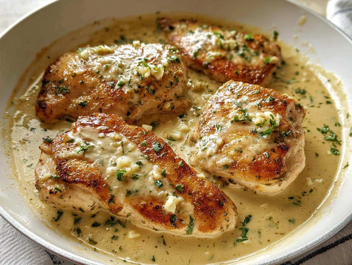 Four golden-brown Creamy Garlic Parmesan Chicken Thighs simmering in a rich, creamy garlic sauce with fresh parsley.
