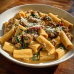 A close-up of a white bowl filled with Creamy Italian Sausage Rigatoni, featuring rigatoni pasta, crumbled sausage, spinach, and sun-dried tomatoes, topped with Parmesan cheese.