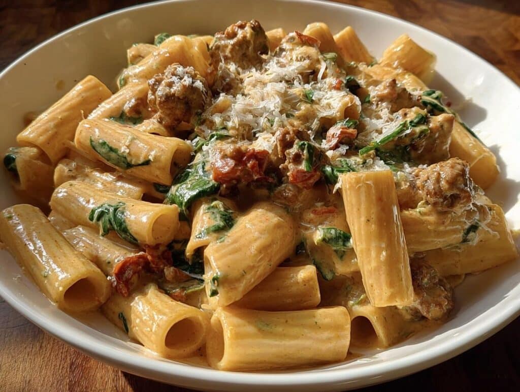 A close-up of a bowl filled with Creamy Italian Sausage Rigatoni, featuring rigatoni pasta, sausage crumbles, spinach, and sun-dried tomatoes in a rich sauce.