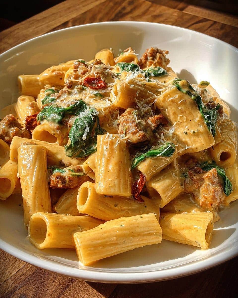 A close-up of a bowl of Creamy Italian Sausage Rigatoni, featuring rigatoni pasta, sausage crumbles, spinach, and sun-dried tomatoes in a rich sauce.
