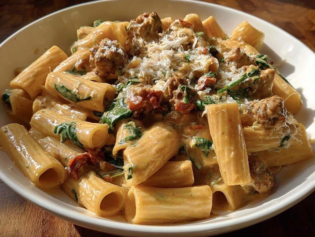A close-up of a bowl filled with Creamy Italian Sausage Rigatoni, featuring rigatoni pasta, sausage crumbles, spinach, and sun-dried tomatoes in a rich sauce.