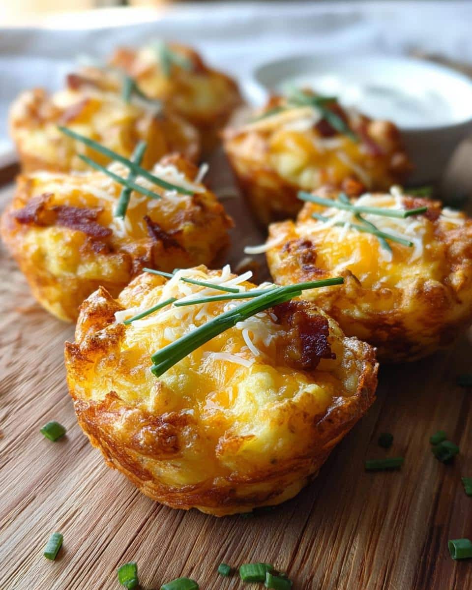 Close-up of golden brown Crispy Mashed Potato Puffs topped with shredded cheese, bacon bits, and fresh chives.