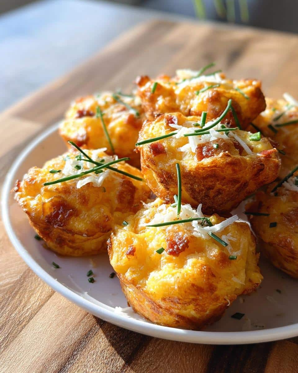 A close-up of golden-brown Crispy Mashed Potato Puffs topped with cheese and chives.
