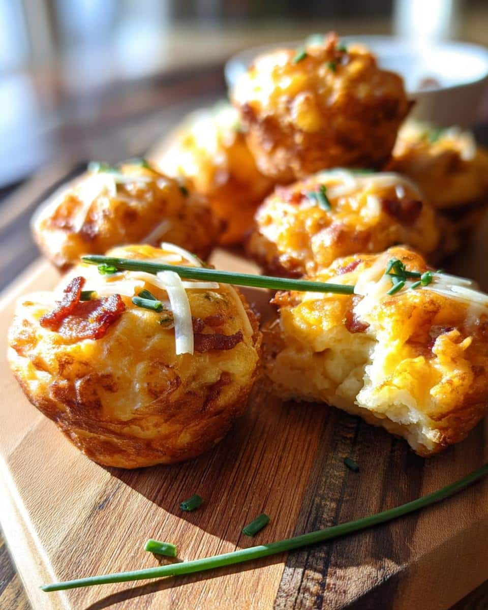 Close-up of golden brown Crispy Mashed Potato Puffs topped with bacon bits, shredded cheese, and chives.