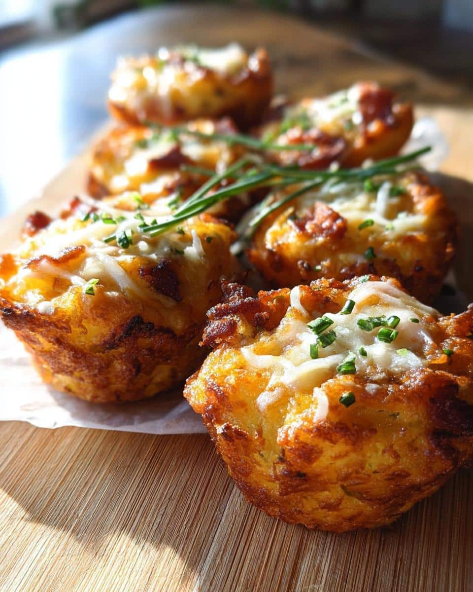 Golden brown Crispy Mashed Potato Puffs topped with melted cheese, bacon bits, and chives.