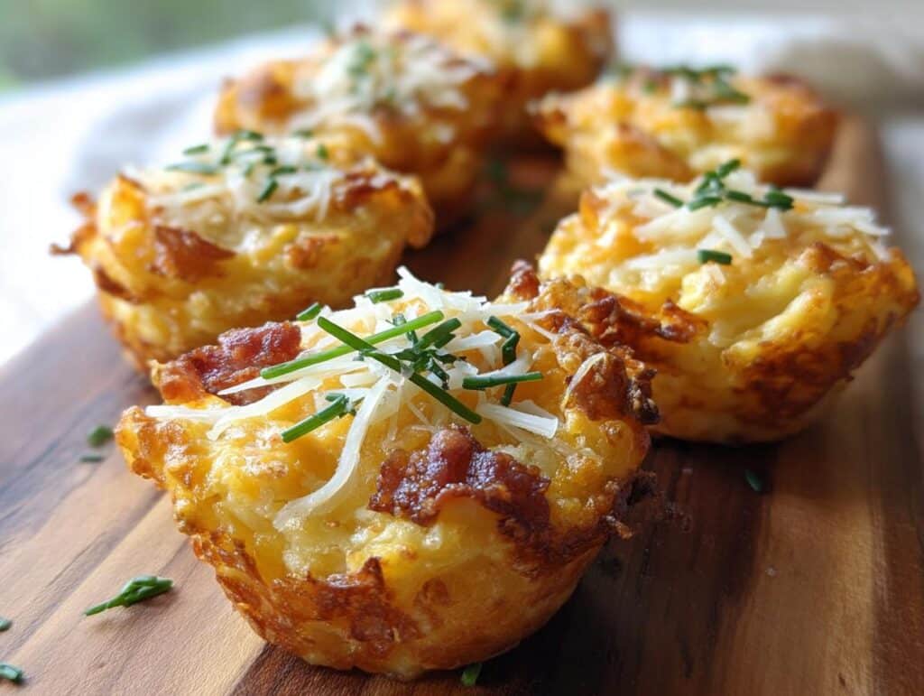 Close-up of golden brown Crispy Mashed Potato Puffs topped with shredded cheese and fresh chives.