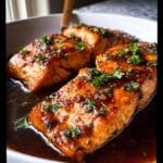 Three glistening fillets of Crockpot Honey Garlic Salmon, generously coated in sauce and sprinkled with fresh parsley.