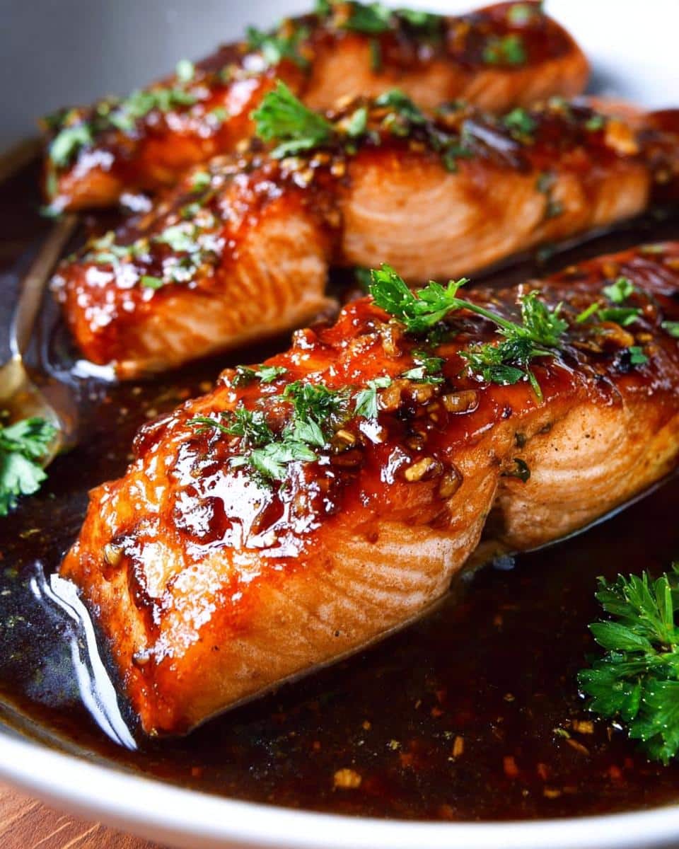 Close-up of three Crockpot Honey Garlic Salmon fillets in a dark glaze, garnished with fresh parsley.
