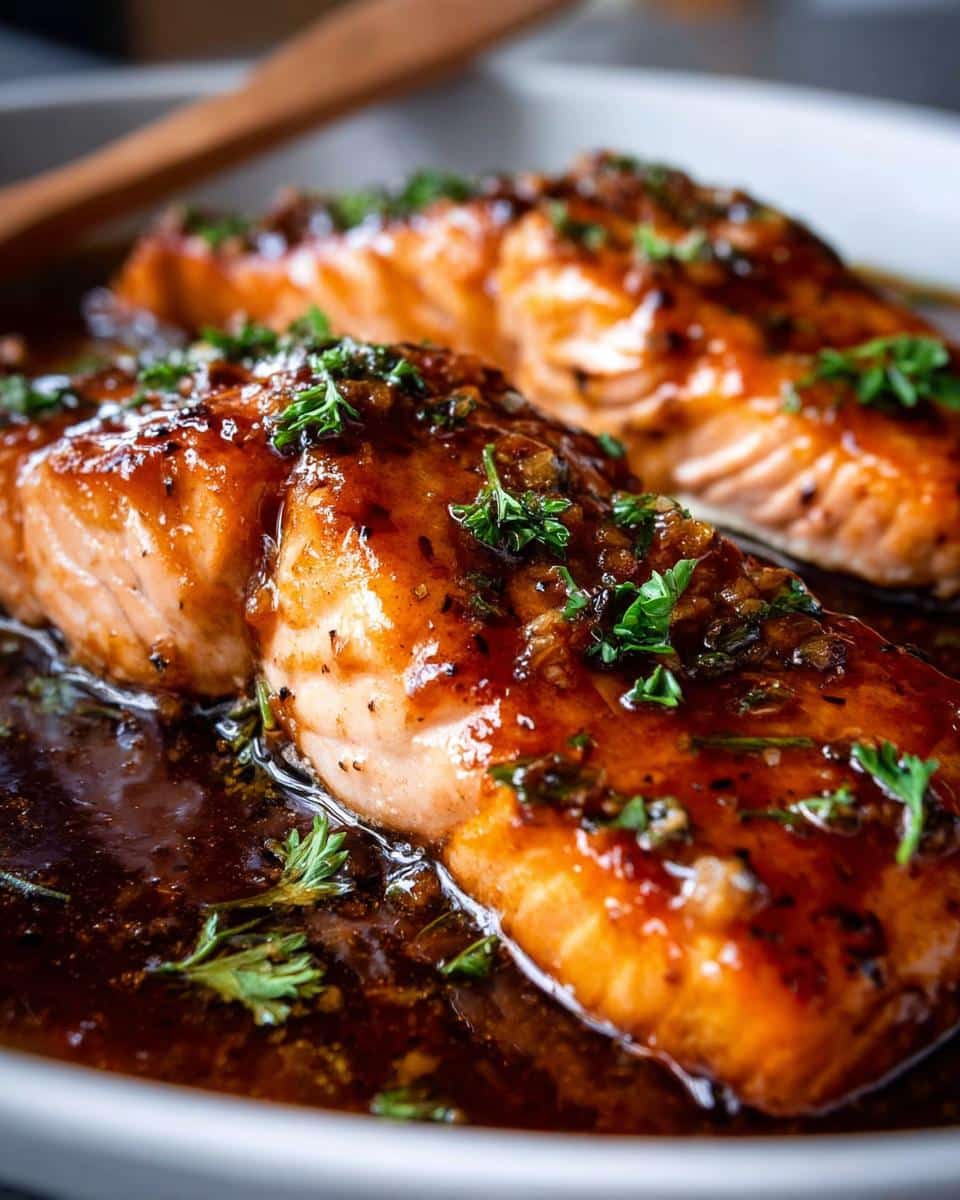 Close-up of two glistening Crockpot Honey Garlic Salmon fillets in a rich sauce, garnished with fresh parsley.