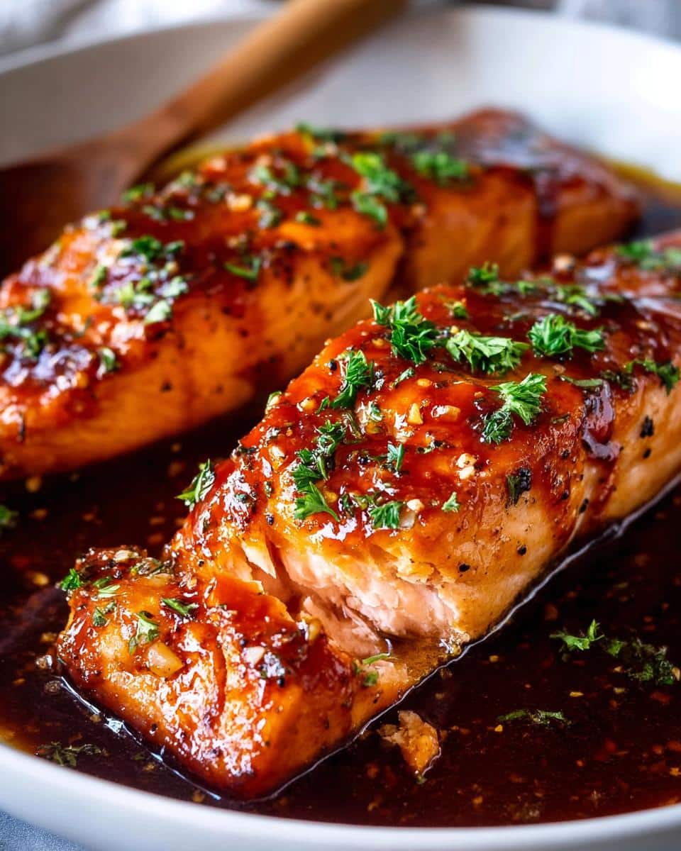 Close-up of two Crockpot Honey Garlic Salmon fillets glazed with sauce and topped with parsley.