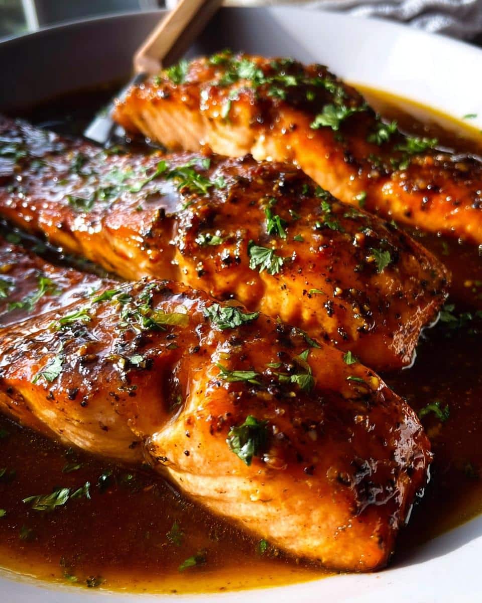 Close-up of tender Crockpot Honey Garlic Salmon fillets glazed with a rich sauce and sprinkled with fresh parsley.