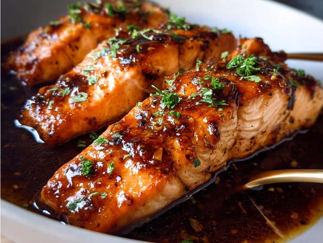 Close-up of three glistening Crockpot Honey Garlic Salmon fillets in a rich sauce, garnished with fresh parsley.