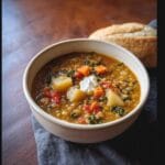 A steaming bowl of Crockpot Lentil Soup with Vegetables, topped with a dollop of sour cream, next to a crusty bread roll.