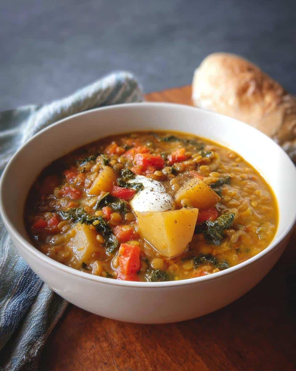 A close-up of a bowl of Crockpot Lentil Soup with Vegetables, topped with a dollop of sour cream and black pepper.