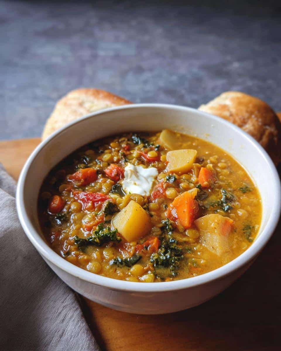 A bowl of hearty Crockpot Lentil Soup with Vegetables, topped with a dollop of cream and served with bread.