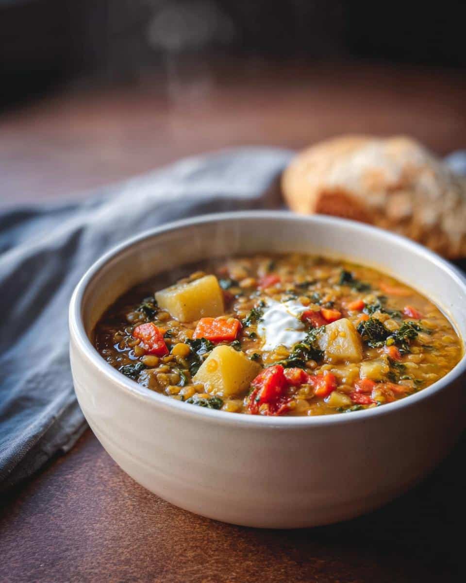 A steaming bowl of Crockpot Lentil Soup with Vegetables, topped with a dollop of cream and served with crusty bread.