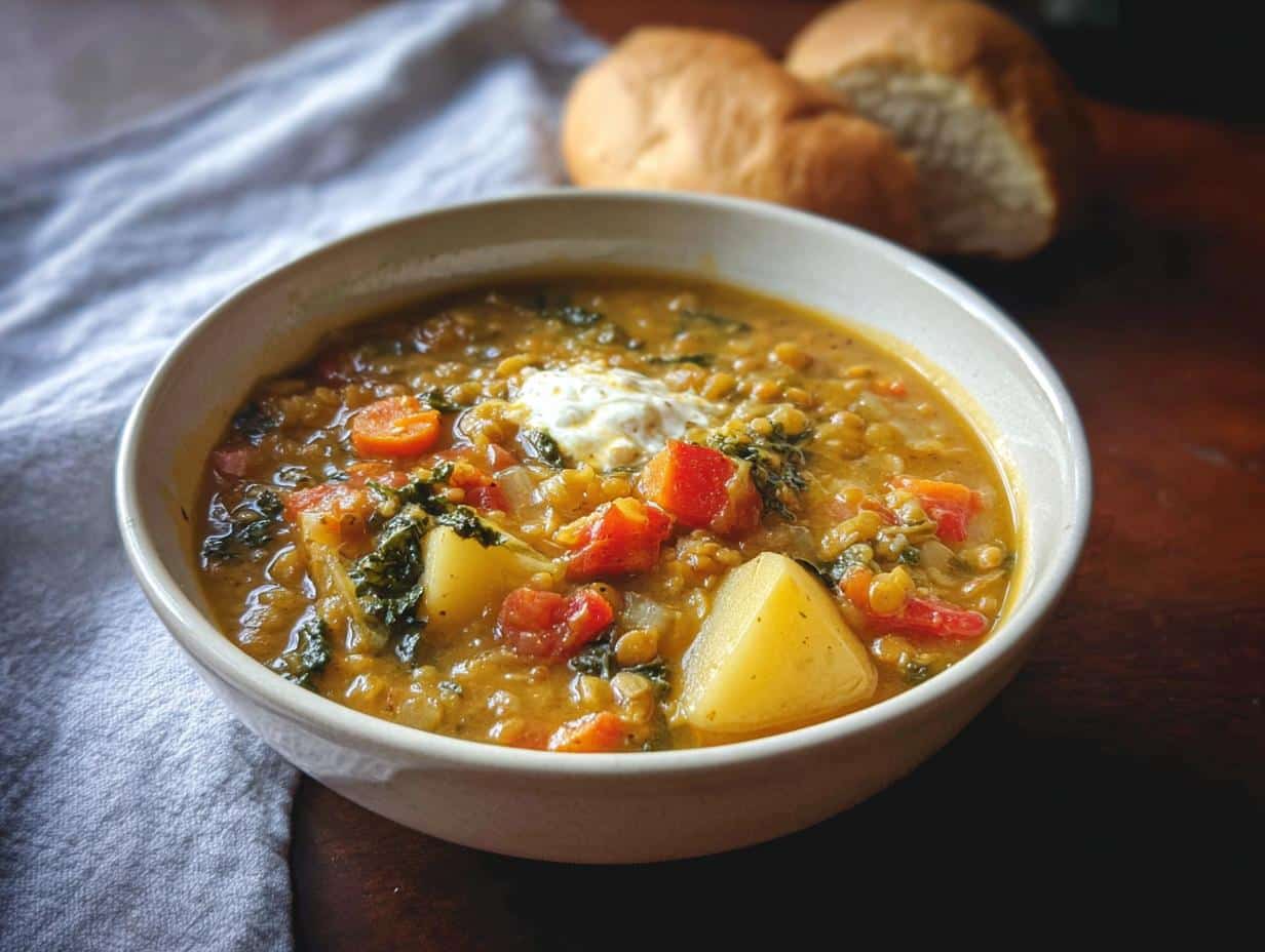 A bowl of hearty Crockpot Lentil Soup with Vegetables, topped with a dollop of cream and served with crusty bread.