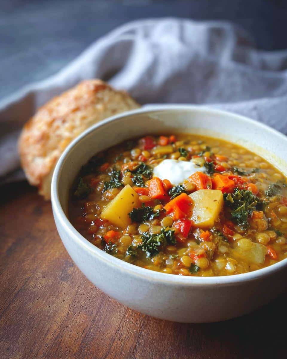 A bowl of hearty Crockpot Lentil Soup with Vegetables, topped with a dollop of sour cream and served with crusty bread.