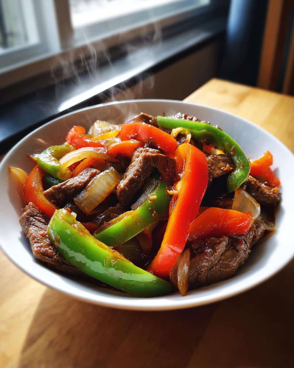 A steaming bowl of Crockpot Pepper Steak with Veggies, featuring tender beef strips, colorful bell peppers, and onions in a savory sauce.