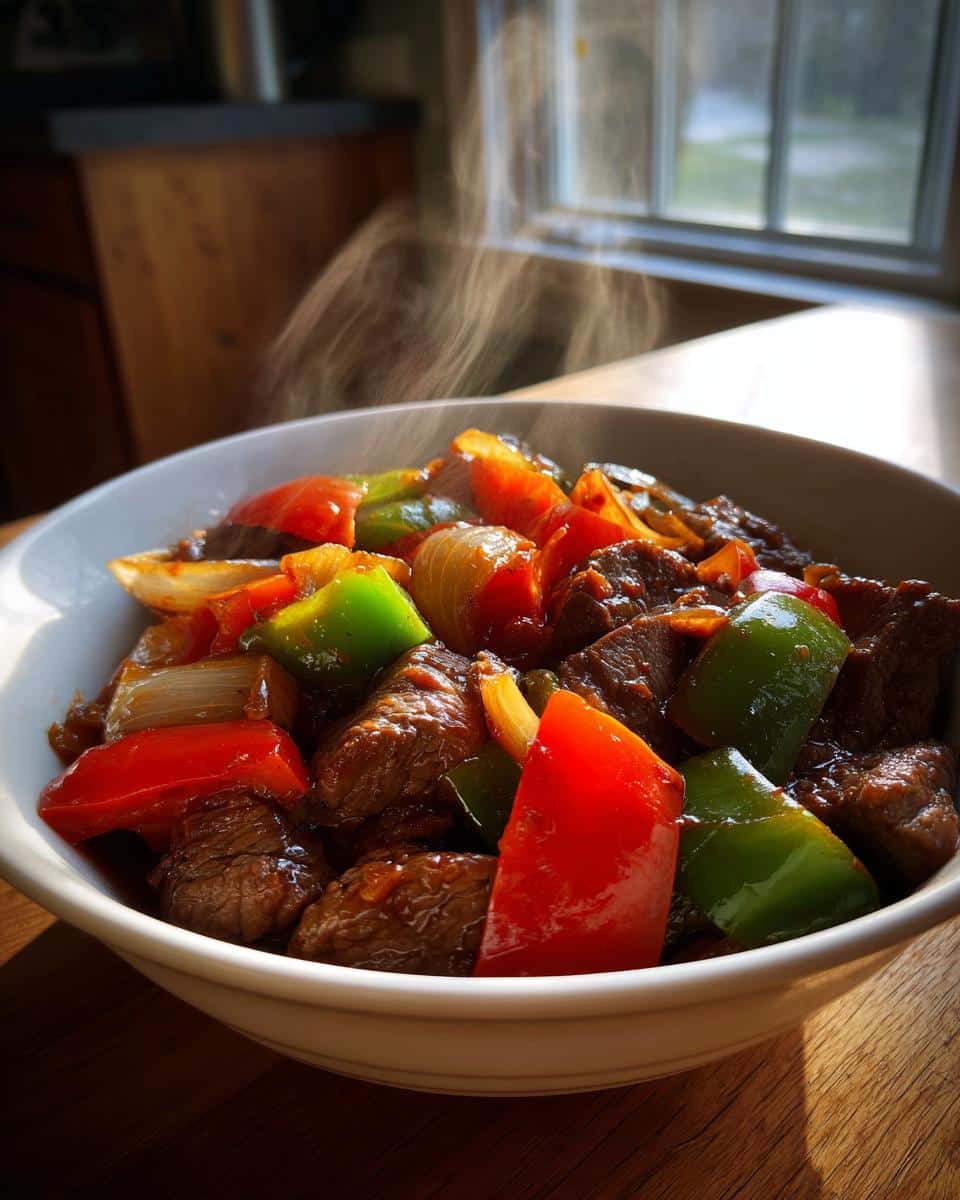 A steaming bowl of Crockpot Pepper Steak with Veggies, featuring tender beef chunks and colorful bell peppers.