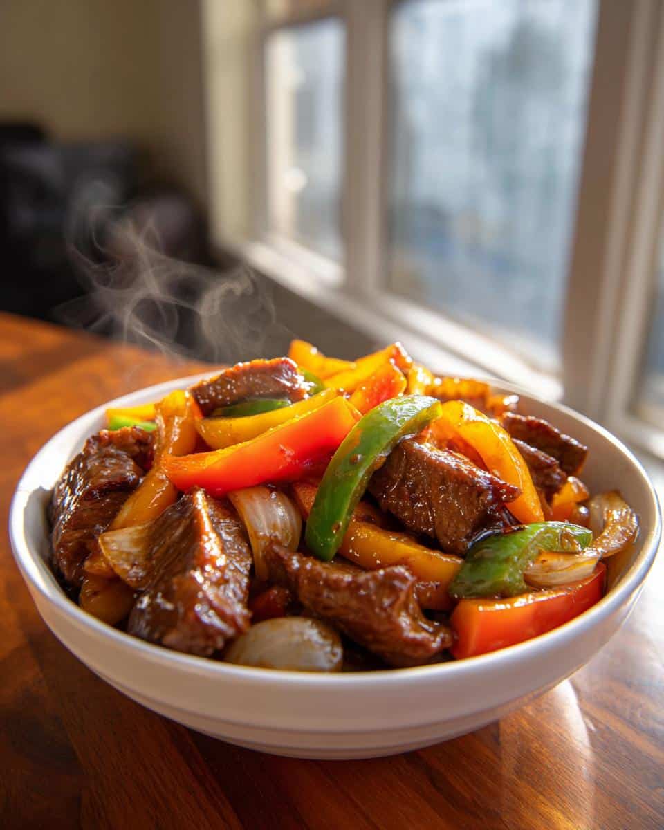 A white bowl filled with steaming Crockpot Pepper Steak with Veggies, featuring tender beef, colorful bell peppers, and onions.