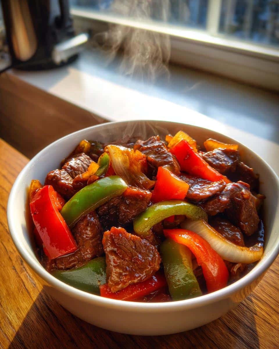 A white bowl filled with steaming Crockpot Pepper Steak with Veggies, featuring tender beef, red and green bell peppers, and onions in a rich sauce.