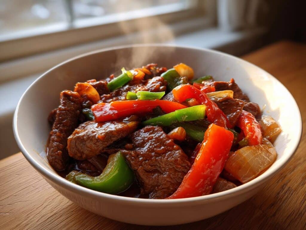 A steaming bowl of Crockpot Pepper Steak with Veggies, featuring tender beef strips, colorful bell peppers, and onions in a rich sauce.