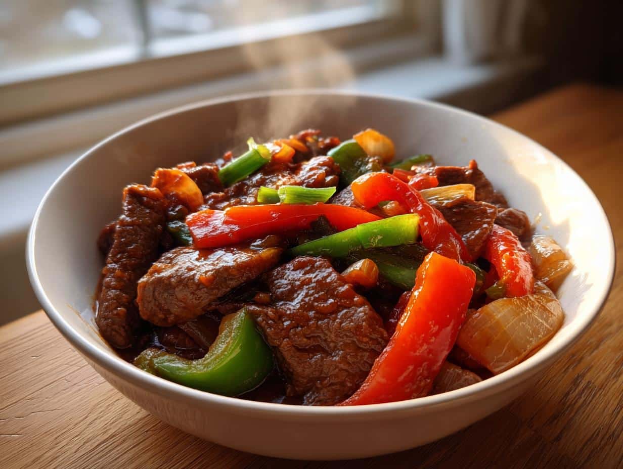 A steaming bowl of Crockpot Pepper Steak with Veggies, featuring tender beef strips, colorful bell peppers, and onions in a rich sauce.
