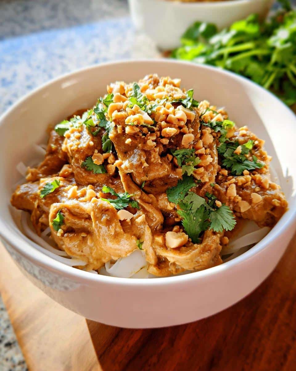 A bowl of Crockpot Thai Peanut Chicken served over white noodles and garnished with chopped peanuts and cilantro.