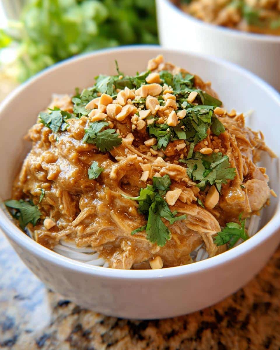 A close-up of a white bowl filled with Crockpot Thai Peanut Chicken served over white noodles, topped with chopped peanuts and cilantro.