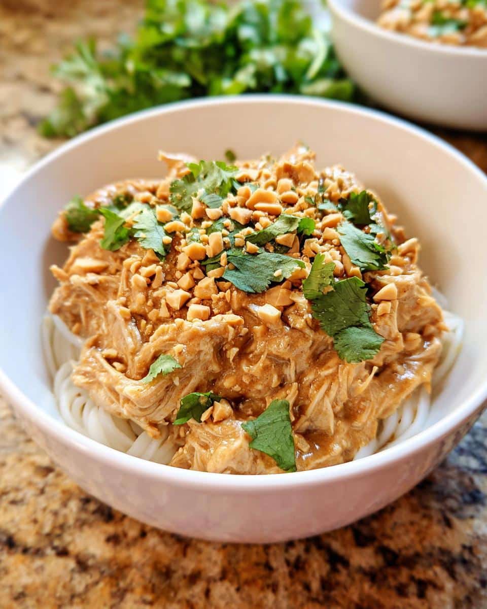 A bowl of Crockpot Thai Peanut Chicken served over white noodles, topped with chopped peanuts and cilantro.