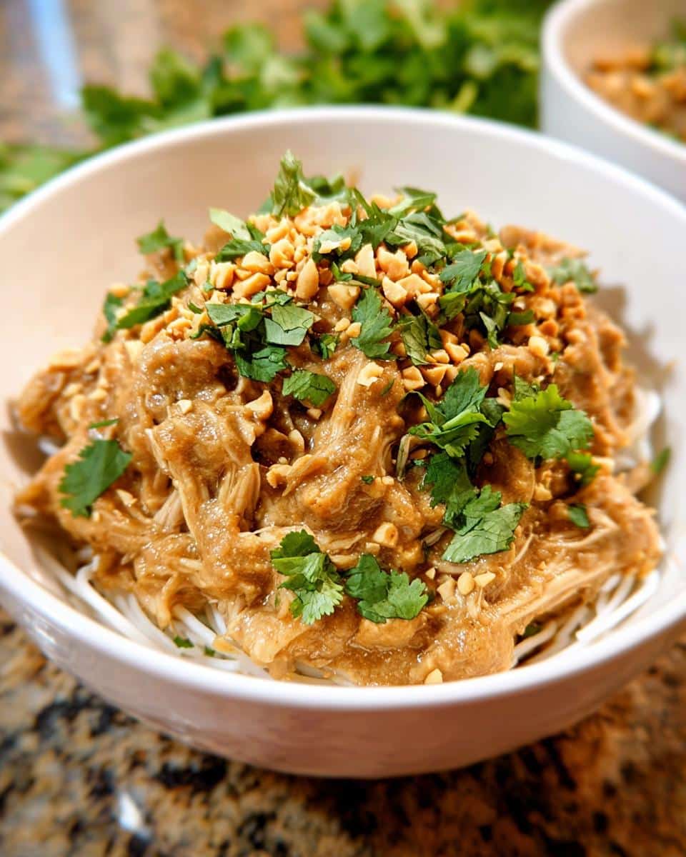 A bowl of Crockpot Thai Peanut Chicken served over white noodles, topped with chopped peanuts and fresh cilantro.