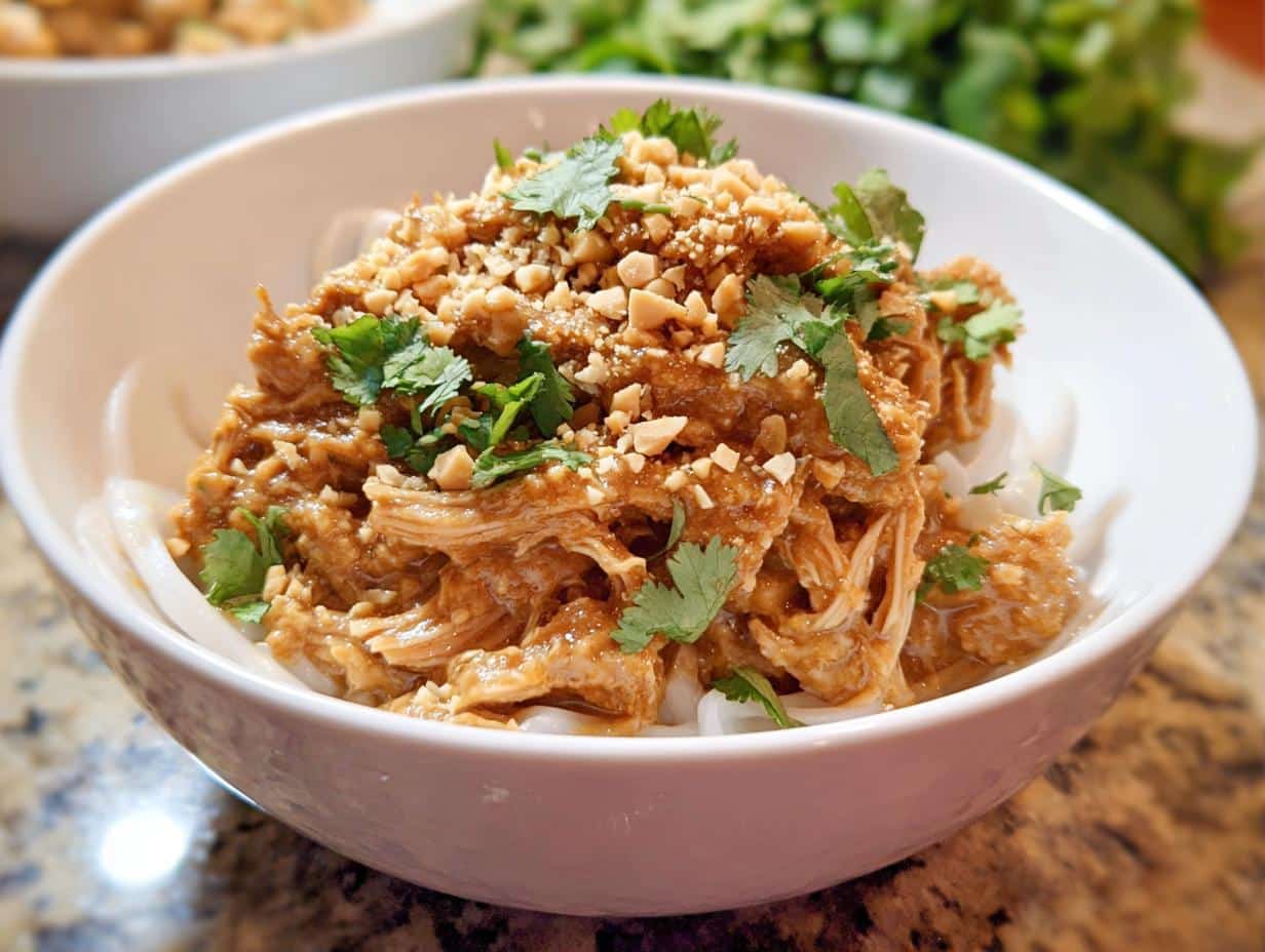 A bowl of Crockpot Thai Peanut Chicken served over rice noodles, garnished with chopped peanuts and cilantro.
