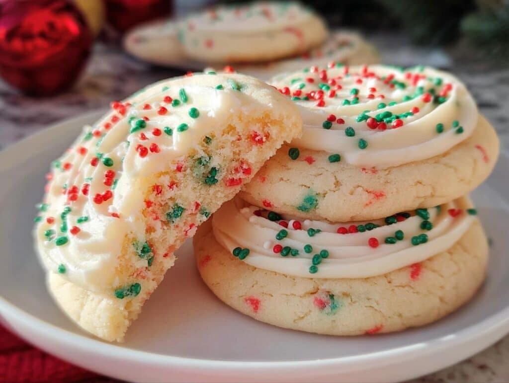 Close-up of Crumbl Copycat Sugar Cookies topped with white frosting and festive red and green sprinkles.
