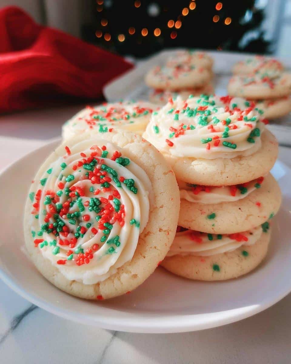 Close-up of festive Crumbl Copycat Sugar Cookies topped with white frosting and red and green sprinkles.