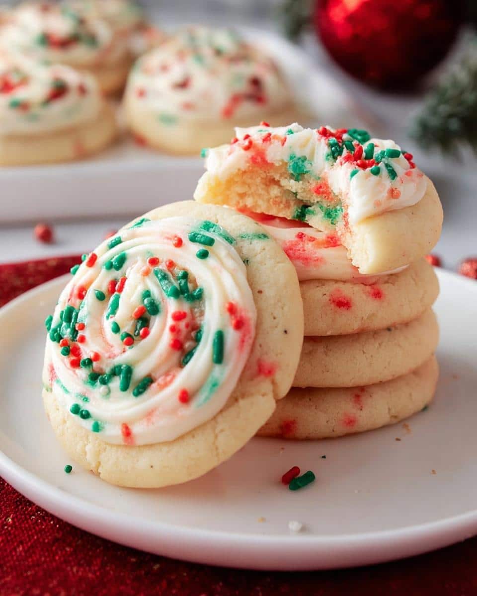 Stack of Crumbl Copycat Sugar Cookies topped with white frosting and festive red and green sprinkles.