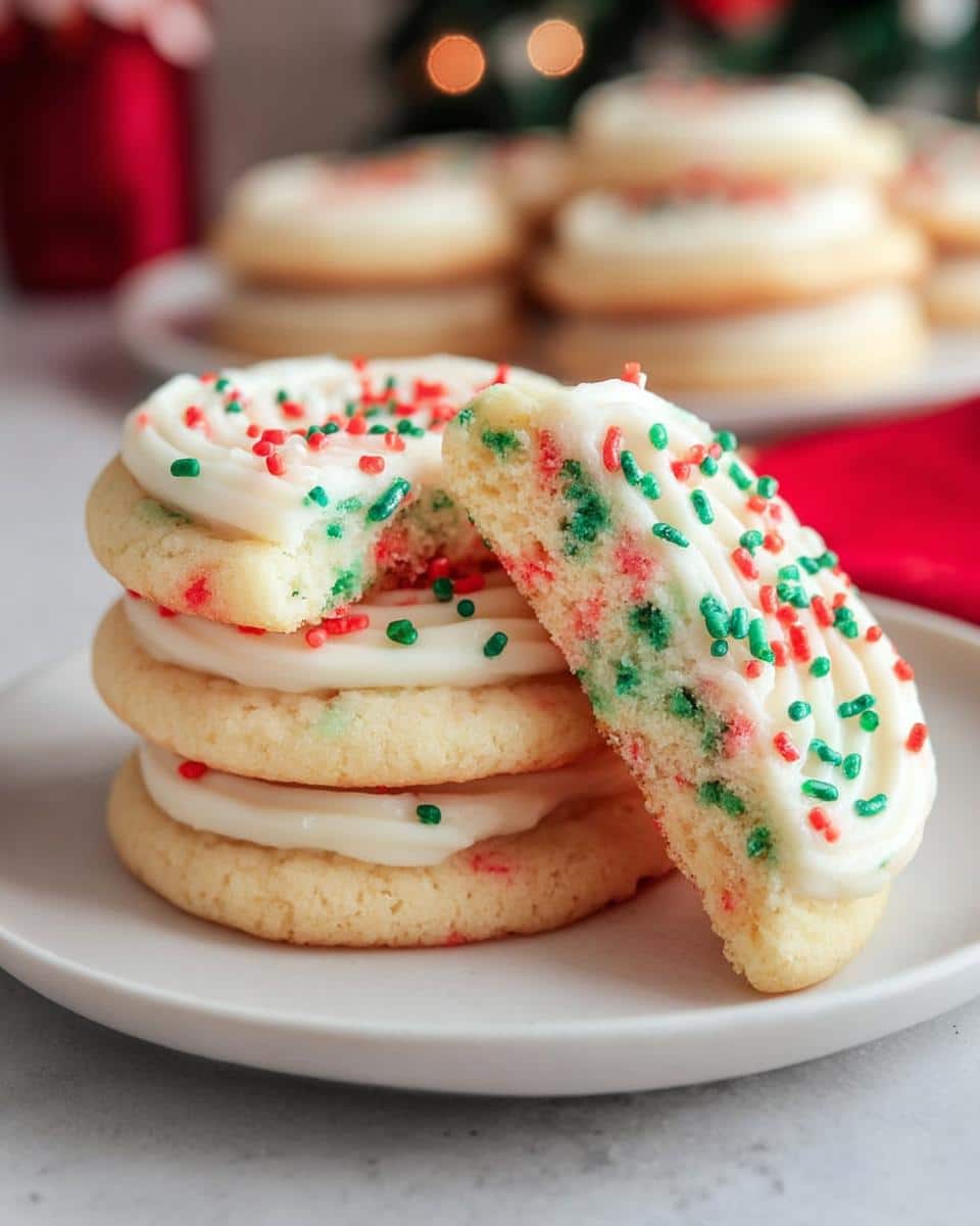 A stack of Crumbl Copycat Sugar Cookies topped with white frosting and festive red and green sprinkles. One cookie is broken in half.