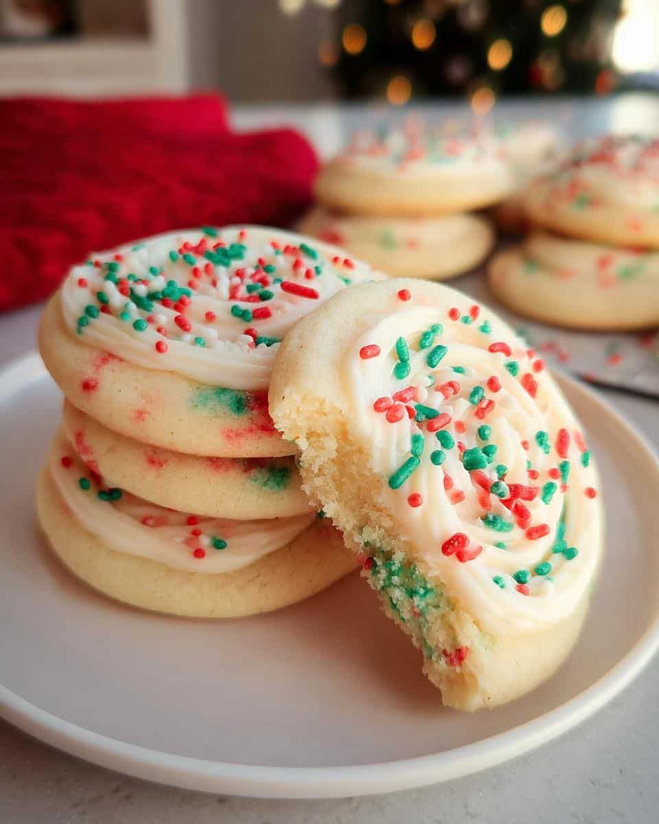 Close-up of Crumbl Copycat Sugar Cookies topped with white frosting and festive red and green sprinkles.