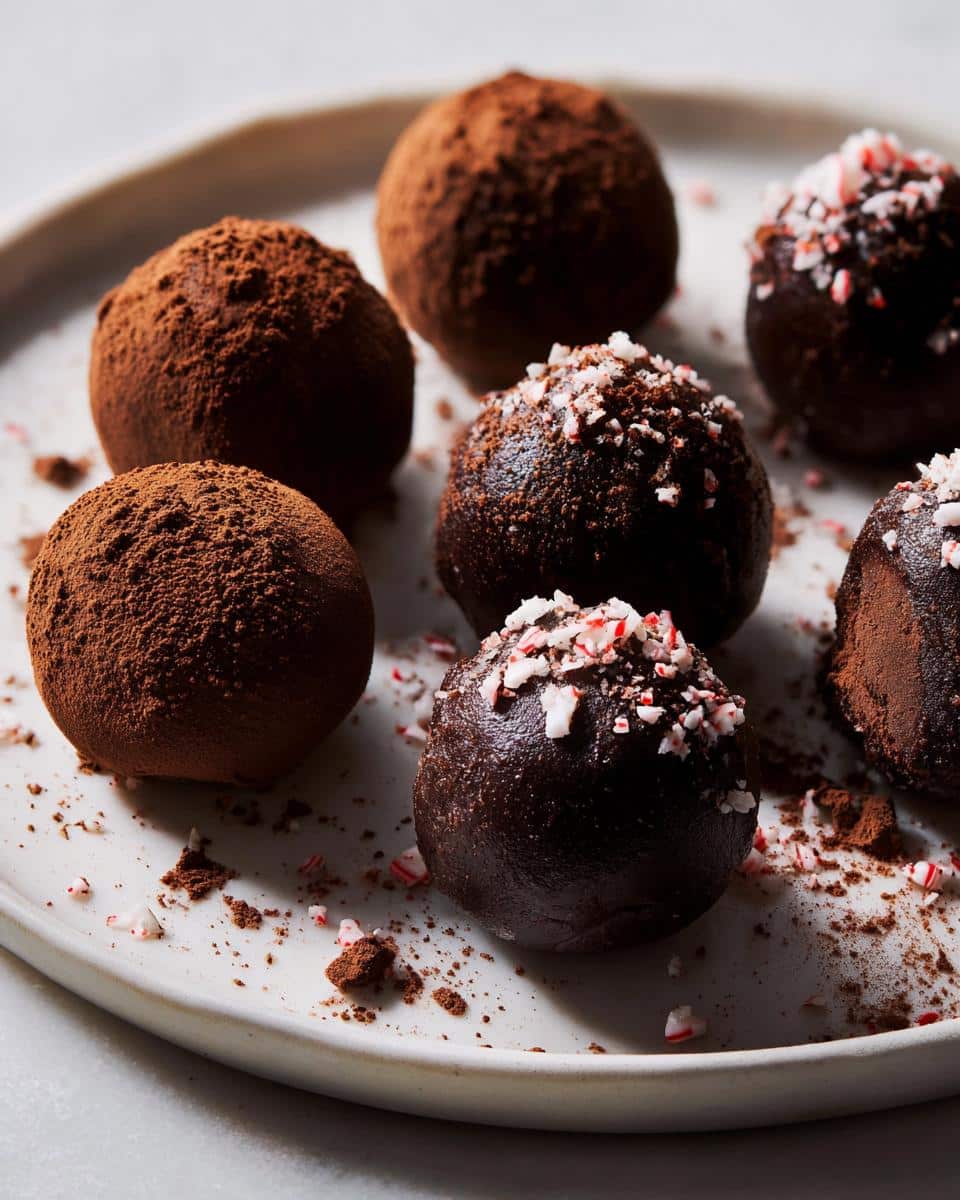 A close-up of several Dairy-Free Chocolate Peppermint Truffles, some dusted with cocoa powder and others with crushed peppermint candy.