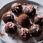 Close-up of dairy-free chocolate peppermint truffles topped with crushed candy canes and cocoa powder.